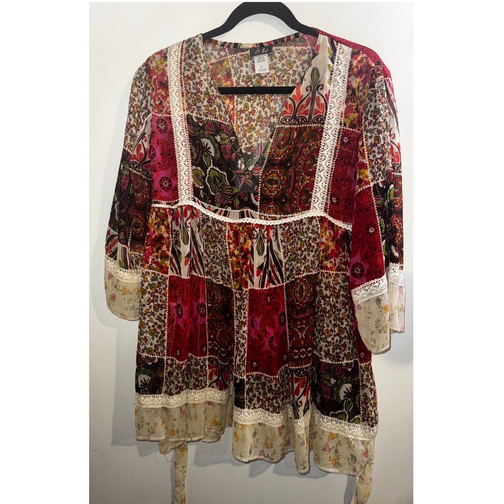 Vtg Y2K Patchwork Boho Tunic Top Multi Color Lace Trim Babydoll Large FLAW